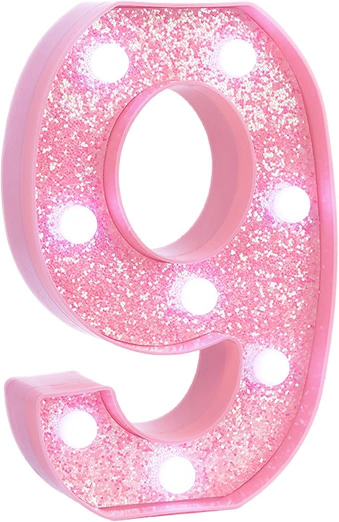 Pink Light Up Marquee Numbers, Glitter LED Number Lights Signs Battery Operated for Girls 9th 19th 29th Pink Birthday Party Table Decorations, 8 Inch Tall Number 9 with Cool White Lights