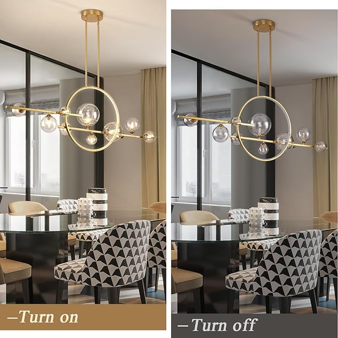 KELUOLY 10-Light Gold Kitchen Island Light, 54" Modern Dimmable Mid-Century Dining Room Chandelier, Linear Sputnik Pendant Lights with Globe Clear Glass Shade for Dining Room Kitchen Island, bar
