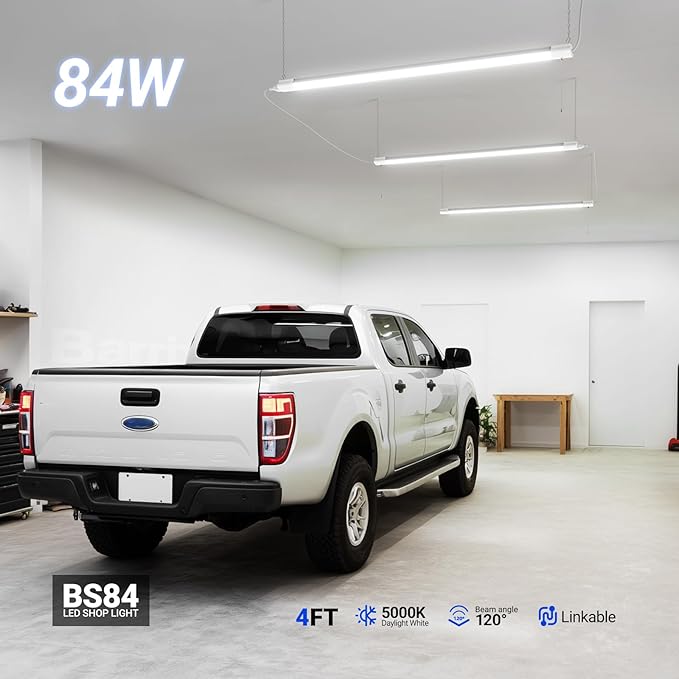 Barrina BS84 LED Shop Lights for Workshop 4FT, 84W, 10000LM, 5000K Linkable Light Fixture for Garage, Basement, Hanging or Flush Mount, 4 Packs, White