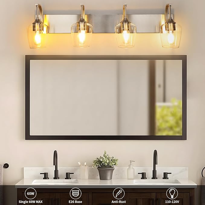 4-Light Brushed Nickel Vanity Light with Clear Glass Shade, 33.07'' Modern Wall Lights for Bathroom, Bedroom, Hallway, Living Room (E26 Base)