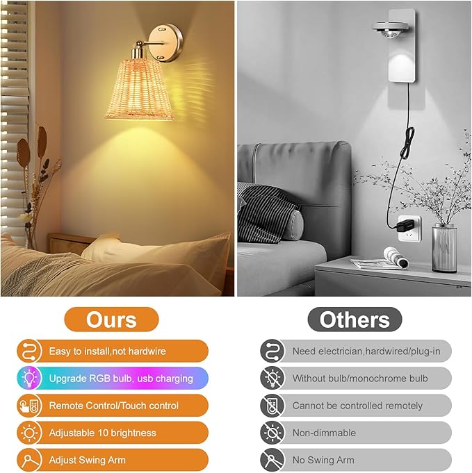 Frideko Rattan Rechargeable Wall Sconces Set of Two with Remote, RGB 15 Colors Dimmable Battery Operated Wall Lights, Indoor Wireless Wall Lamp with 3 Timer, Farmhouse Boho Sconce Light for Bedroom