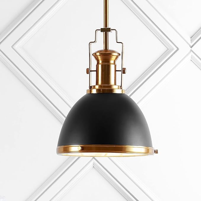 JONATHAN Y 10" Black/Brass Gold Modern Industrial Iron LED Dome Pendant Light, Adjustable Hanging Fixture for Kitchen Island or Entryway, Black Metal Shade, LED Bulb Included JYL9535A