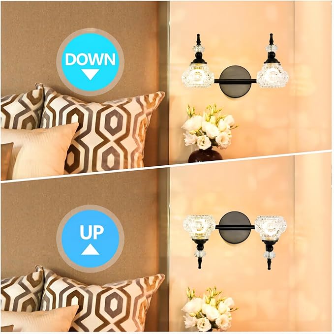WJShome 2 Light Black Bathroom Vanity Light, Bathroom Vanity Lights Over Mirror, with Fine Chunky Crystal Glass Light Shade for Bedroom Living Room Bathroom Hallway Patio