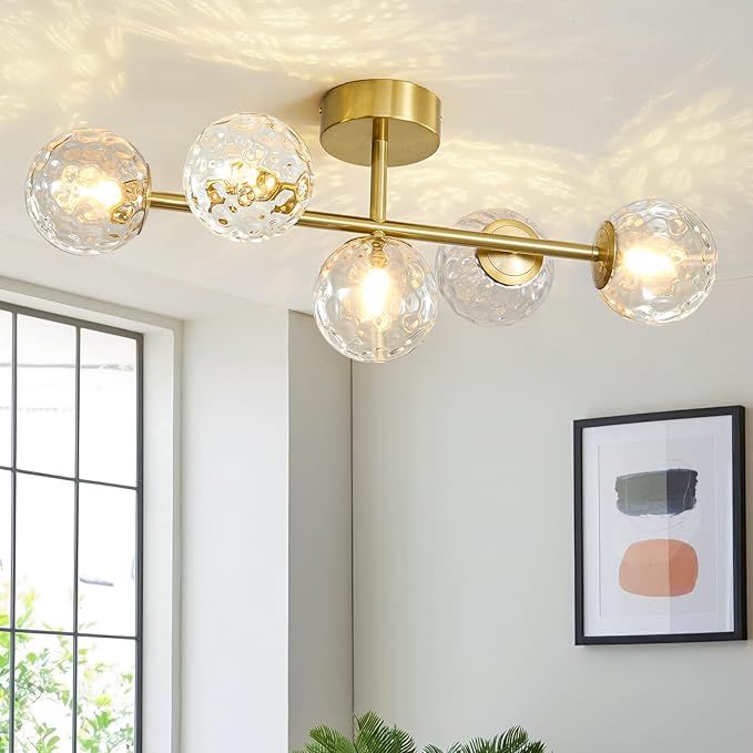 Modern Globe Glass Ceiling Light: 27 Inch Semi Flush Mount Light with Hammered Clear Glass Shade - 5 Lights Gold Ceiling Lighting Fixture - Dimmable Linear Chandelier for Bedroom Living Room Entryway