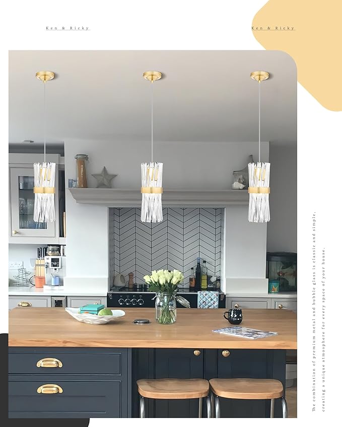 Ken & Ricky Pendant Lights Kitchen Island Gold 3 Pack,Crystal Pendant Lighting Over Island,Modern Pendant Light Fixtures for Dining Room Bedroom Bathroom Livingroom