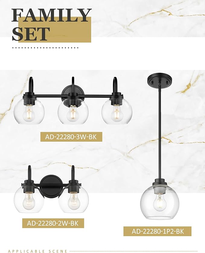 Bathroom Light Fixtures, 3-Light Matte Black Vanity Lights with Globe Clear Glass, Modern Vanity Lighting Fixtures Over Mirror, AD-22280-3W-BK