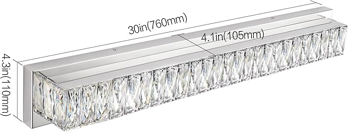 ZUZITO Modern Bathroom Light Fixtures Over Mirror 30 inch Crystal Chrome LED Vanity Light Bar White Light 6000K (7500-760mm)