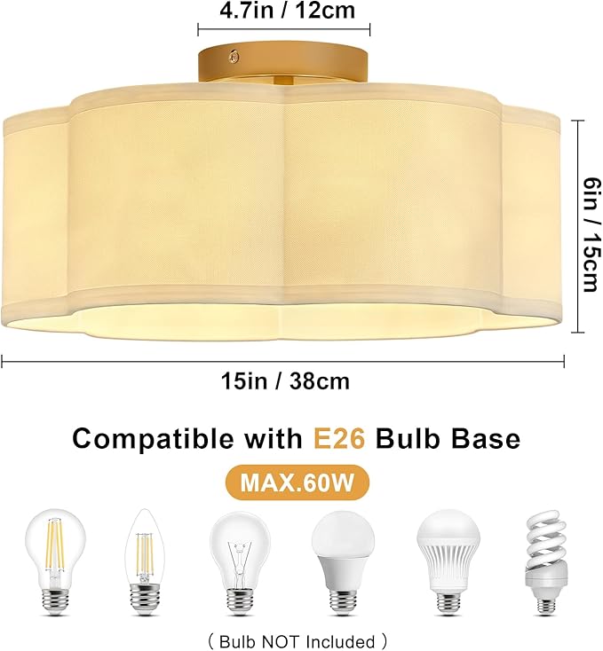 Gold 6-Light Semi Flush Mount Ceiling Light, White Fabric Close to Ceiling Light Fixtures, Clover Drum Ceiling lamp