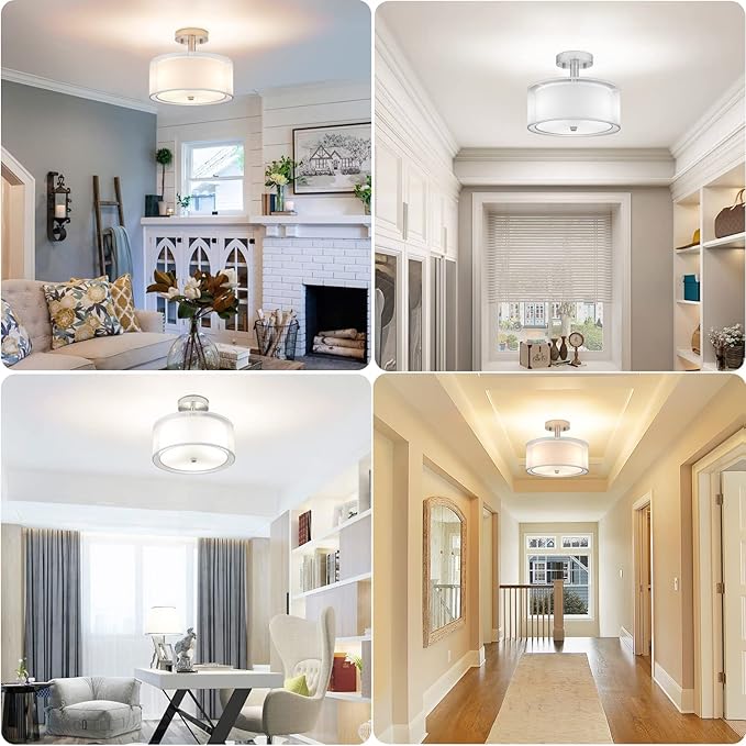 FOLKSMATE 3-Light Semi Flush Mount Ceiling Light Fixture, 14 Inch Drum Light with Double Fabric Shade, Modern Close to Ceiling Lamps for Dining Room Kitchen
