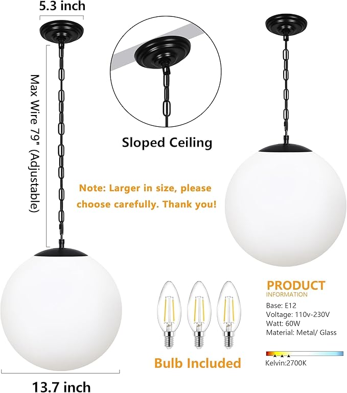 KoKo&Yukina 14" Black Globe Pendant Light Mid Century Pendant Light Milk Glass Pendant Lights Kitchen Island Adjustable Hanging Light Fixture for Dining Room Bedroom Kitchen Island