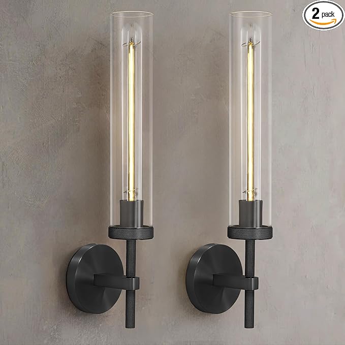 Black Wall Sconces Set of Two, 19" Knurled Black Sconces Wall Lighting, Tube Glass Bathroom Sconces Wall Lights for Bedroom Living Room Vanity Sconce Wall Lamp for Hallway, Staircase
