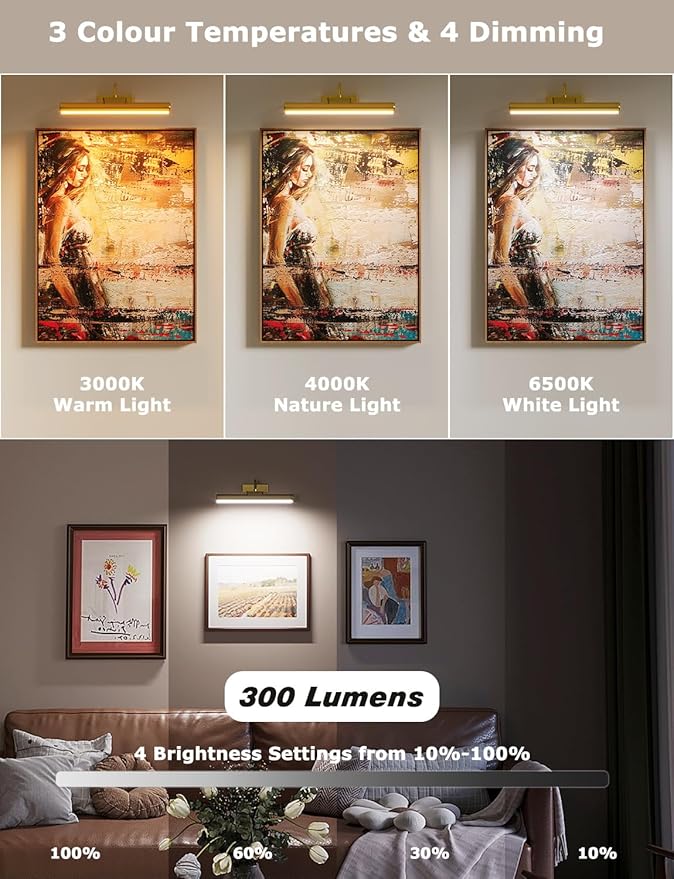 16in Wireless Picture Light with Remote, Battery Operated Picture Lights for Wall 5000mAh, 3 Color Modes and Dimmable LED Art Lighting with Timer for Painting, Frame, Gallery, Bedroom (Gold-1Pack)