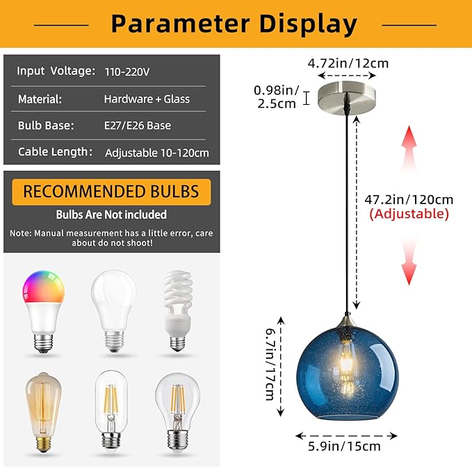 Modern 2-Pack Glass Globe Pendant Lights, Blue Modern Pendant Lighting for Kitchen Island, Clear Glass Hanging Lamps for Dining Room Living Room Bedroom, Medium 5.9 Inch Fixture (Bulbs Not Included)
