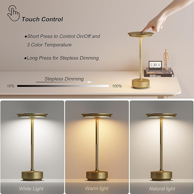 TBBGA 1 Pack Cordless Table Lamps Rechargeable, Portable 5000mAh Battery Operated Lamp, 3 Color Stepless Dimming LED Table Light with Memory Function, for Outdoor/Dinner/Patio/Restaurant.(Gold)