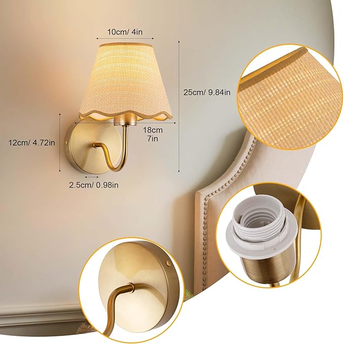 ADISUN Battery Operated Wall Sconce Set of 2, Gold Wall Lamps Rechargeable Bulbs for Living Room, Rattan Shade Wireless Wall Lights for Bedroom Living Room Hallway Kitchen(2 Bulbs Included)