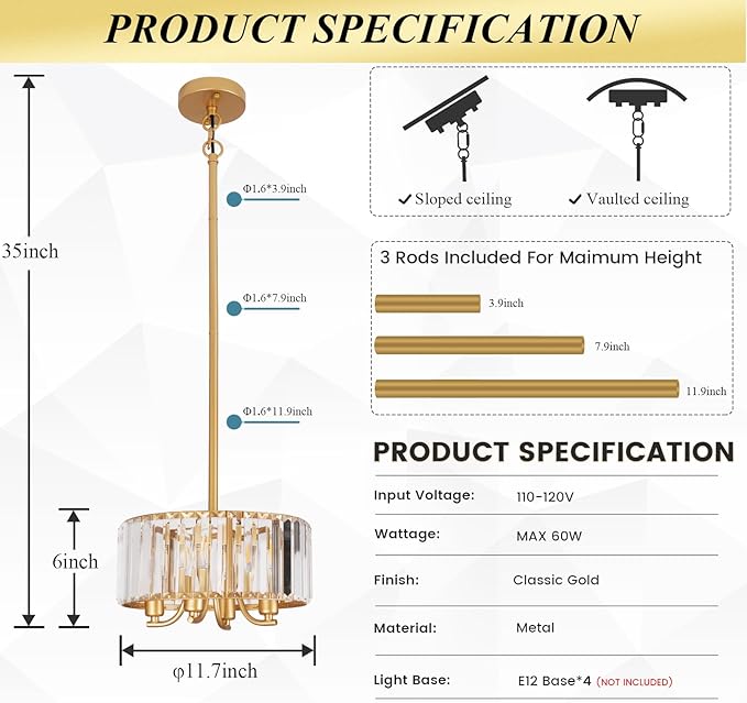 Gold Crystal Chandelier, 4-Light Candle Style Crystal Drum Chandelier, Modern Semi Flush Mount Ceiling Chandelier Light Fixtures for Dinning Room Living Room Kitchen Bedroom Hallway Entryway,11.6 Inch