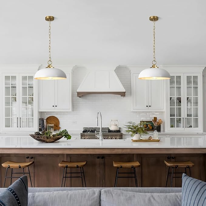 Lingkai 15.7" Pendant Light Fixtures, Farmhouse Pendant Lights Kitchen Island, White Hanging Ceiling Light for Kitchen Island Dining Room