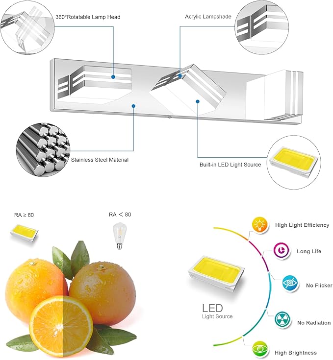 LED Modern Bathroom Vanity Light Fixtures (3-Light, 24-Inch)(5CCT, Dimmable), Chrome Modern Bathroom Wall Lighting Fixtures Over Mirror (3000K/3500K/4000K/5000K/6000K)
