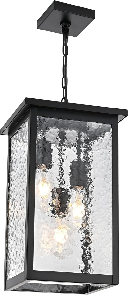 TODOLUZ Large 3-Light Outdoor Pendant Light Fixture, Exterior Hanging Porch Lighting with Hammered Glass, Adjustable Long Chain & E26 Bulb Base