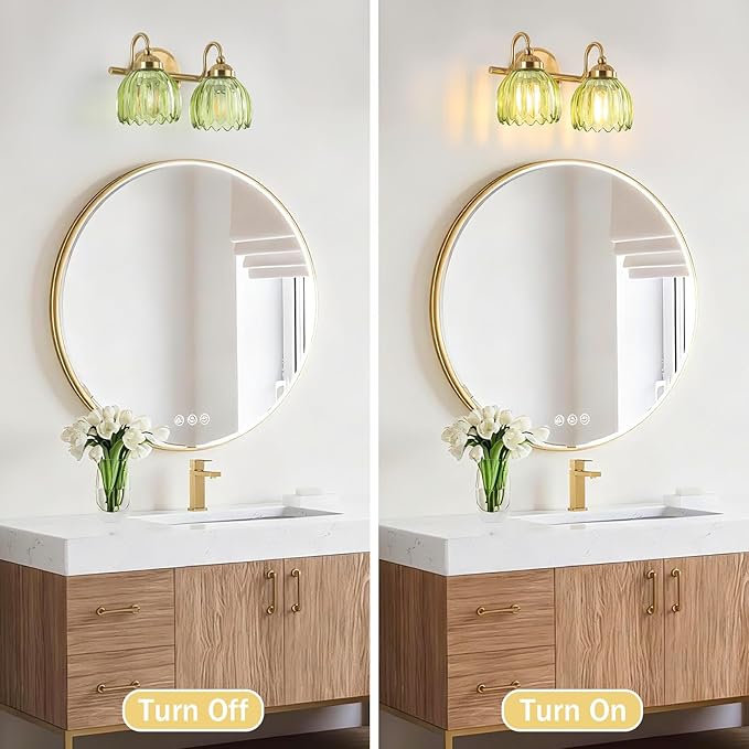 Vintage Bathroom Light Fixtures, Brass Vanity Lights with Green Tulip Glass Shade, Vanity Sconces for Bathroom Bedroom Living Room Hallway, 2-Light