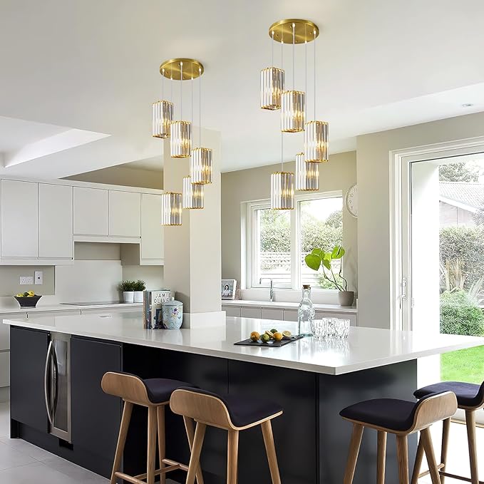 Modern Pendant Light Gold Rectangle Pendant Lighting Mini Crystal Chandeliers Adjustable Pendant Light Fixture for Kitchen Island Dinning Room Living Room Corridor Bedroom(Gold 5-Light)