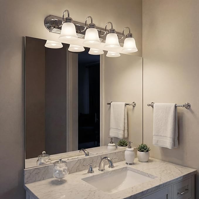 Kichler 30" 4-Light Vanity Bath Light in Chrome, Modern Bathroom Light with Clear Satin Etched Glass, ("30" W x 8" H), 5338CHS