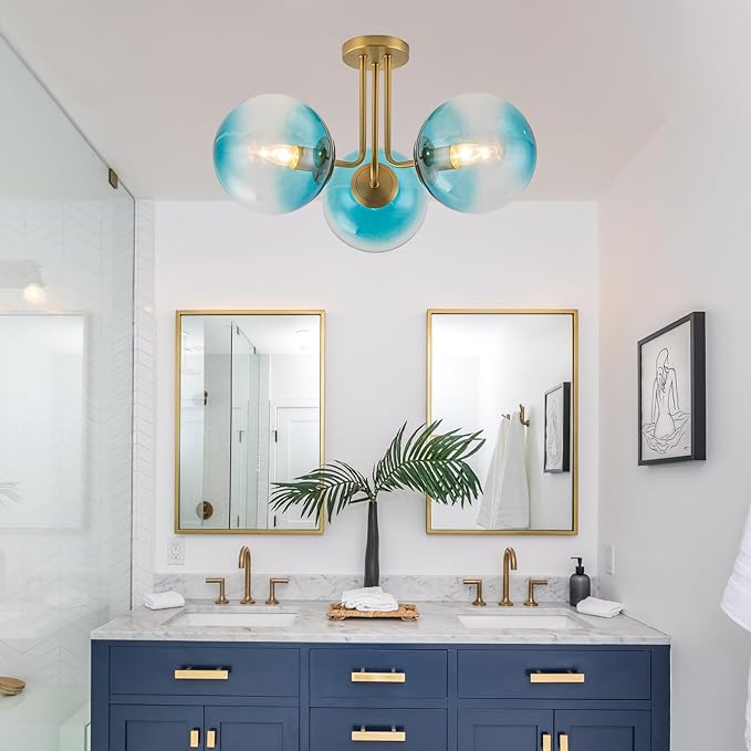 Lingkai Brass Gold Semi Flush Mount Ceiling Light,3-Lights Mid Century Modern Light Fixtures Ceiling Globe Glass Gold Sputnik Chandelier with Gradient Blue Shade for Living Room Bedroom Hallway