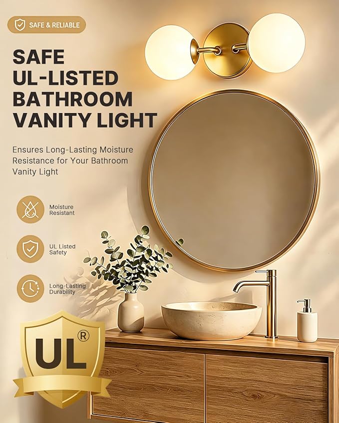Yunnix Gold Bathroom Vanity Light, 2-Light Modern Globe Vanity Lighting Fixtures with Milk White Glass Shade, Mid Century Vanity Lights Wall Sconce Over Mirror for Hallway Entryway Set of 2