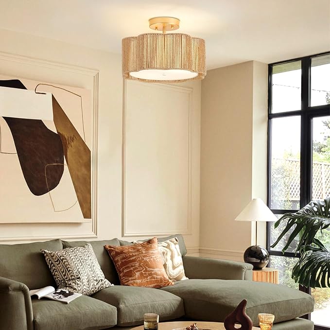 13 Inch Rattan Flush Mount Ceiling Light Fixtures 2-Light Boho Light Fixtures for Bedroom,Close to Ceiling Light Modern for Hallway Kitchen Entryway Dining Room