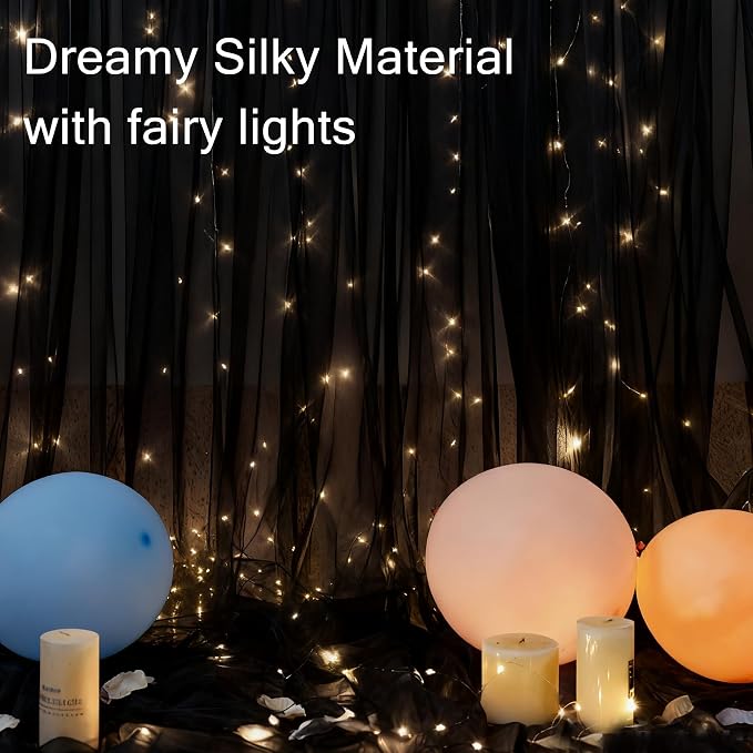 Black Tulle Backdrop Curtain with Lights Strings, Elegant Sheer Photo Backdrop Drapes, Soft Fabric Curtain for Weddings Brithday Parties Photography Background Decor, 10ftx8ft