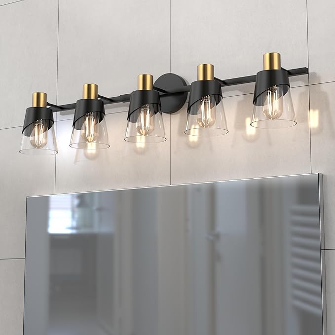 URSOLA Bathroom Light Fixtures, 5 Lights 36inch Black and Gold Vanity Light, Bathroom Lighting Fixtures Over Mirror, Wall Light with Clear Glass Shade, E26 Base (Bulbs Not Included)
