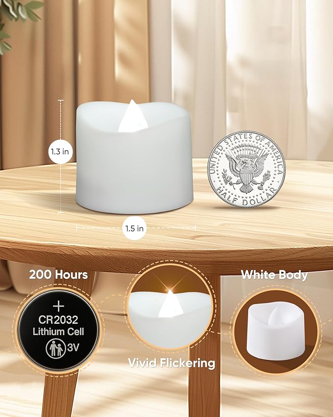 Raycare 24 Pack Cool White Battery Operated Tea Lights, 200+Hour Electric Flickering Flameless Candles, Realistic Votive LED Tea Lights for Wedding Party Table Thanksgiving Christmas Decorations