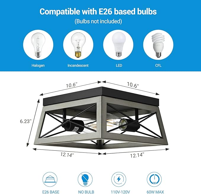 DEWENWILS Industrial Flush Mount Ceiling Light, Metal Hallway Light Fixture Ceiling for Entryway, Foyer, Dining Room, 2-Lights, Silver Grey