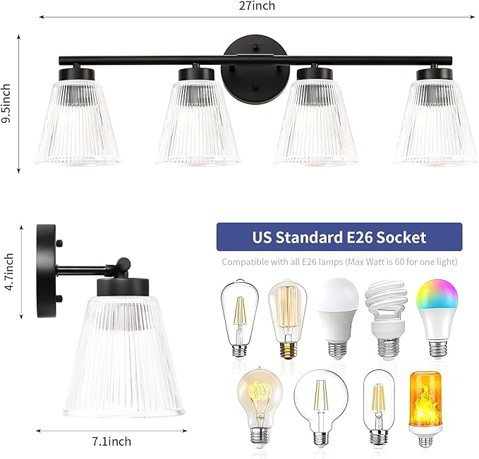 OCIOC Bathroom Vanity Light, 4-Light Modern Matte Black Wall Sconce with Glass Shade, Black Wall Light fixture, Bath Vintage Wall Mounted Lamps for Mirror Bedroom,Living Room