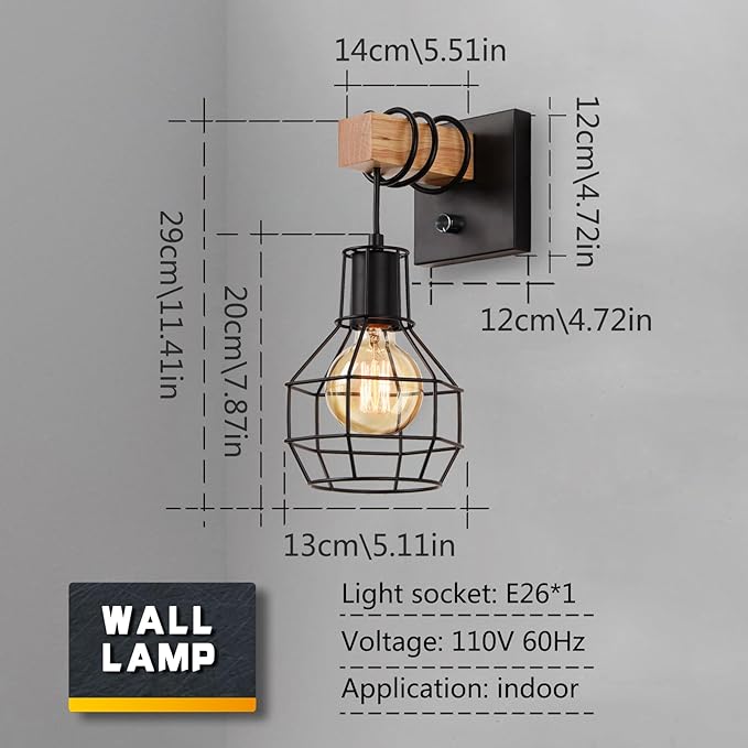 Set of 2 Industrial Wall Sconces with Dimmer ON/Off Switch, Farmhouse Wall Mount Light with Metal Cage Shade, Black Wall Lights Indoor for Kitchen Living Room