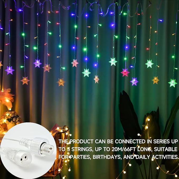 Snowflake Curtain Lights, 108 LED 13FT Multicolor Fairy Lights with Snowflake Pendants, USB Powered Remote, 8 Modes, Linkable x5, IPX4 Waterproof for Christmas, Party & Winter Decor