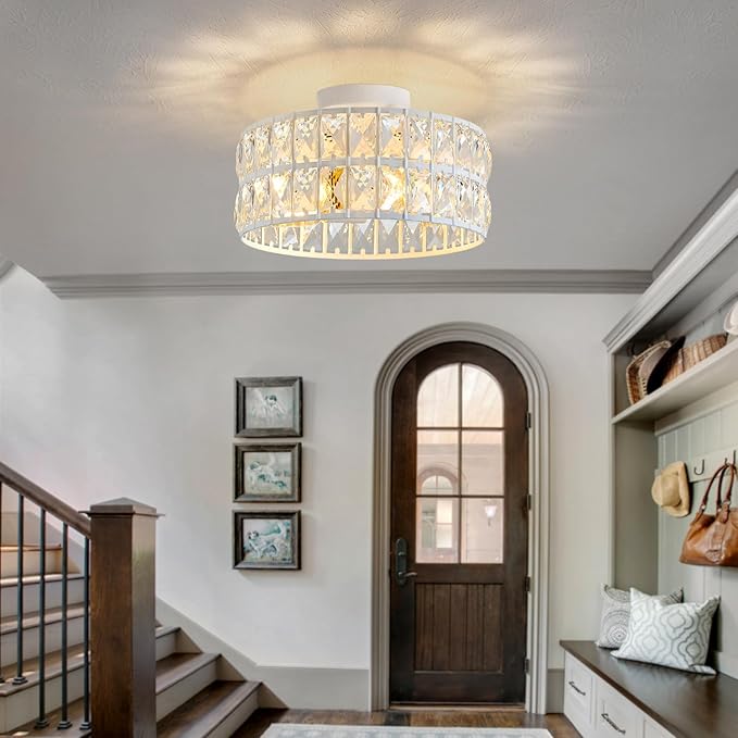 HuixuTe Modern Bedroom Light Fixtures Ceiling, 12.5" Round Drum Crystal Chandelier 3-Light, White Semi Flush Mount Ceiling Light for Dining Room Kitchen Hallway Living Room