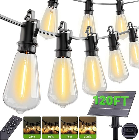 120FT Solar String Lights for Outside with 50+2 Shatterproof, Outdoor Light with Remote ST38 Vintage Edison Bulbs, Solar Lights Outdoor Waterproof Hanging Light for Outside Backyard