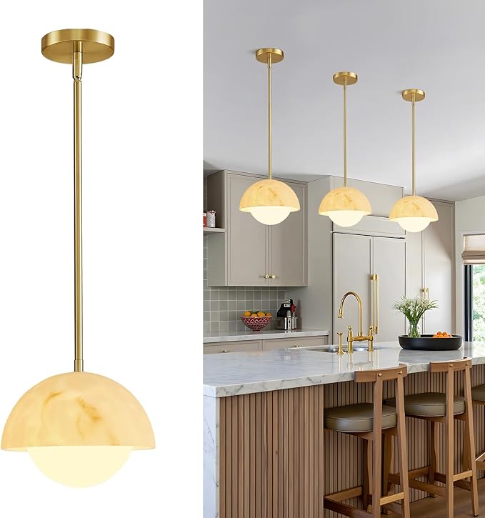 Modern Pendant Light Fixtures: 10 Inch Resin Shade Mid Century Chandelier with Milk Glass Globe - Adjustable Gold Pendant Lighting for Kitchen Island