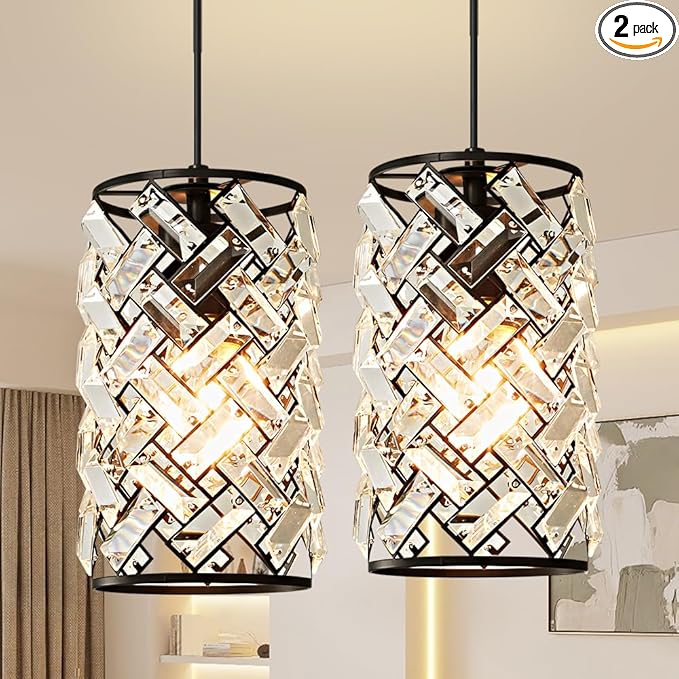 Black Pendant Lights Kitchen Island, Mini Crystal Modern Kitchen Pendant Lighting Over Sink with 10.2" Clear Glass Shade Chandeliers, Adjustable Pendant Light Fixture for Dinning Room Bedroom Entryway