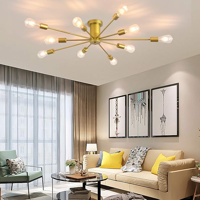 Garwarm 10 Lights Modern Sputnik Chandelier Gold Industrial Ceiling Lamp Mid Century Semi Flush Mount Ceiling Light Fixture for Kitchen Dining Room Living Room Bedroom Foyer Lighting