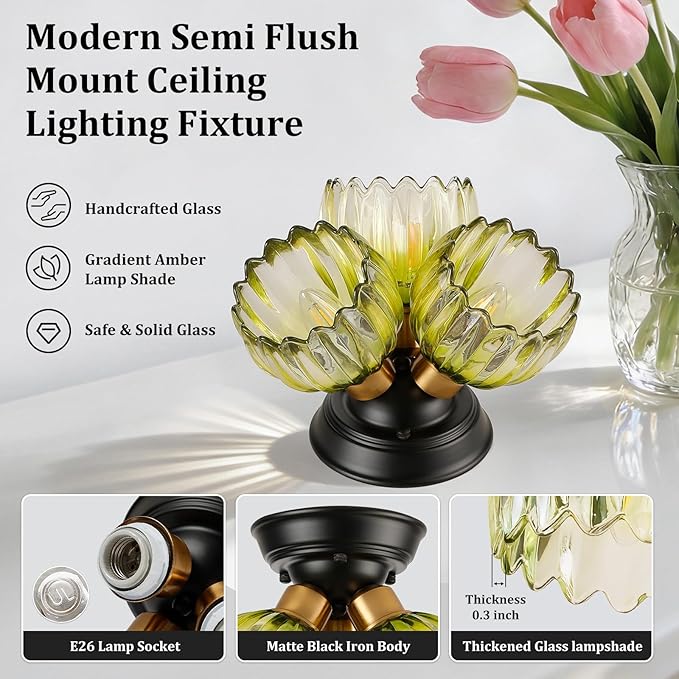 TALOYA Semi Flush Mount Ceiling Light,3-Light Close to Ceiling Light Fixtures with Green Tulip Glass Shades Modern Farmhouse Lighting Fixtures for Hallway Corridor Kitchen Bathroom Bedroom Passway