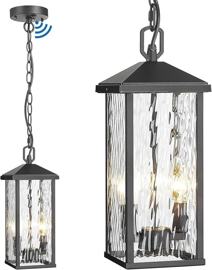 Outdoor Pendant Lights for Porch Chandelier Outdoor Pendant Lights Dusk to Dawn, 2-Light Modern Hanging Porch Lights Exterior Hanging Light Fixture with Water Ripple Glass for Patio Gazebo