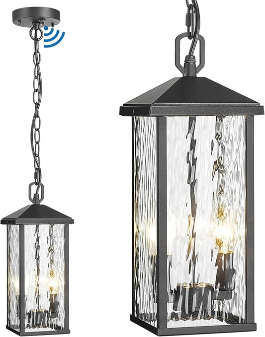 Outdoor Pendant Lights for Porch Chandelier Outdoor Pendant Lights Dusk to Dawn, 2-Light Modern Hanging Porch Lights Exterior Hanging Light Fixture with Water Ripple Glass for Patio Gazebo