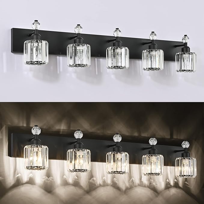 PRESDE 5-Light Crystal Bathroom Vanity Light Modern Matte Black Bathroom Lights Fixtures Over Mirror Wall Lamp for Over Mirror Bedroom Hallway