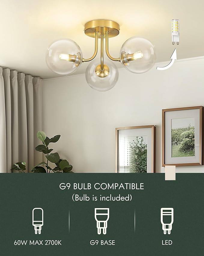 3-Globe Gold Flush Mount Ceiling Light in a Modern Farmhouse Design is Ideal for Living Rooms, Bedrooms, or Dining Rooms. Model:CKCL4845-3W-CLPG,(Bulb Incl)