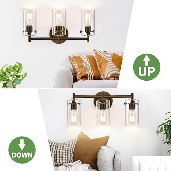 Indoi 3-Light Bathroom Light Fixtures 2023 Upgrade, Oil-Rubbed Bronze Modern Vanity Lights with Clear Glass Shade, Bathroom Wall Sconces for Mirror Bedroom Living Room Cabinet
