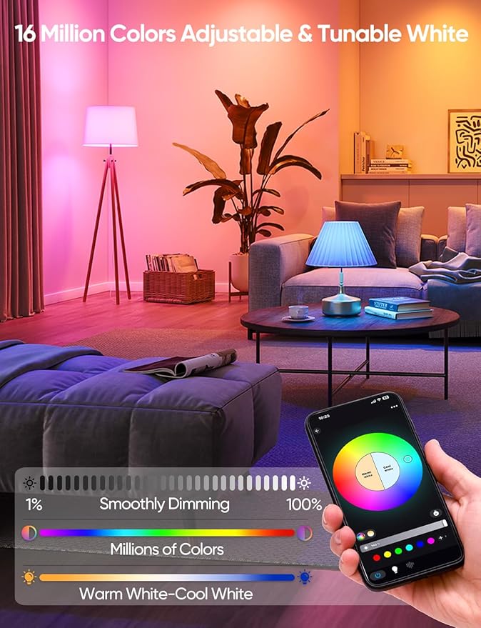 Brightever Smart A19 LED Light Bulbs, 60W Equivalent 800LM Color Changing E26 9W Bluetooth Light Bulbs with Remote Control, 16 Million DIY Colors RGBWW, Music Sync, 2-Pack