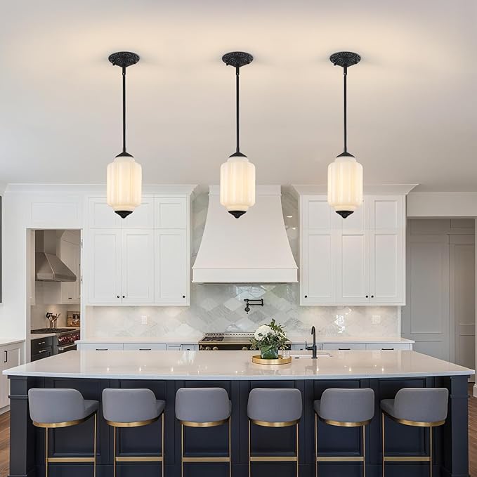 Vintage Milk Glass Pendant Light, 5.5" Semi Flush Mount Pendant Light, Black Finish Milk Glass Hanging Light Fixture for Kitchen, Dining Room, Bedroom, Hallway, Bathroom(White, 1 Pack)