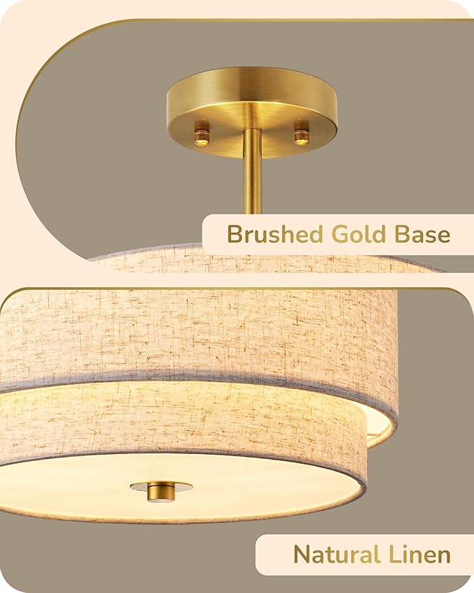 EDISHINE 12.6Inch Semi Flush Mount Ceiling Light, 3-Light Close to Ceiling Light Fixtures with Double Drum Linen Fabric Shade, Modern Mount Lamp for Bedroom Hallway Dining Room, Brushed Gold